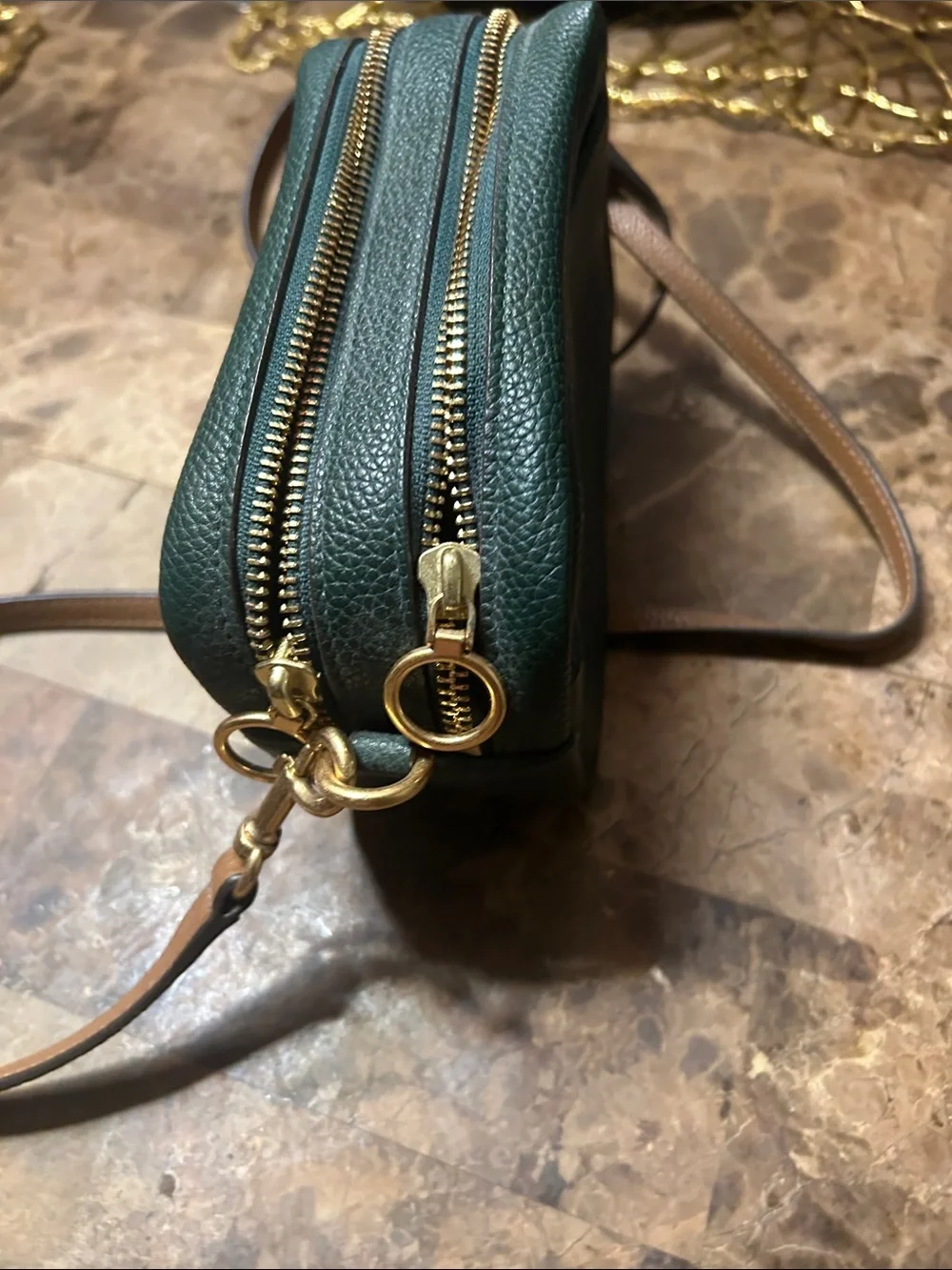 Tory Burch Dark Green Pebbled Leather Crossbody Camera Bag with Brown Strap